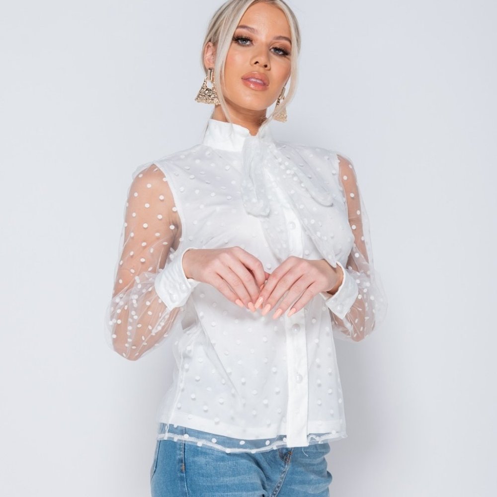 Polka Dot High Neck Long Sleeve Pussy Bow Blouse - Picture 2 of 7